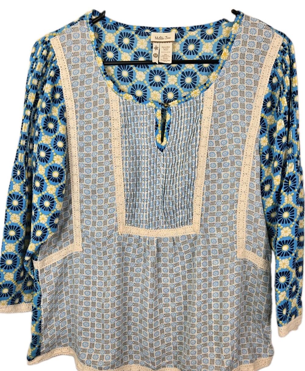 Matilda Jane MED Hello Lovely Kaleidoscope Peasant Top Blue Boho Peasant CROCHET